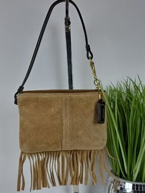 Coach Suede Tan Dark Brown Leather Frindge Wristlet Bag with Gold Hardware